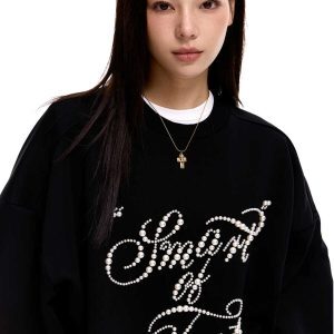 Retro Oversized Pearl Inlaid Round Neck Sweatshirt for Men and Women - American Style Long Sleeve Couple Top Trend