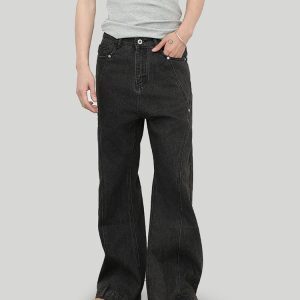 Retro Patchwork Beaded Denim Pants for Men - Loose Fit, Slightly Flared, High Street Style, 90s Inspired Fashion