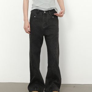 Retro Patchwork Beaded Denim Pants for Men - Loose Fit, Slightly Flared, High Street Style, 90s Inspired Fashion