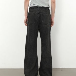 Retro Patchwork Beaded Denim Pants for Men - Loose Fit, Slightly Flared, High Street Style, 90s Inspired Fashion