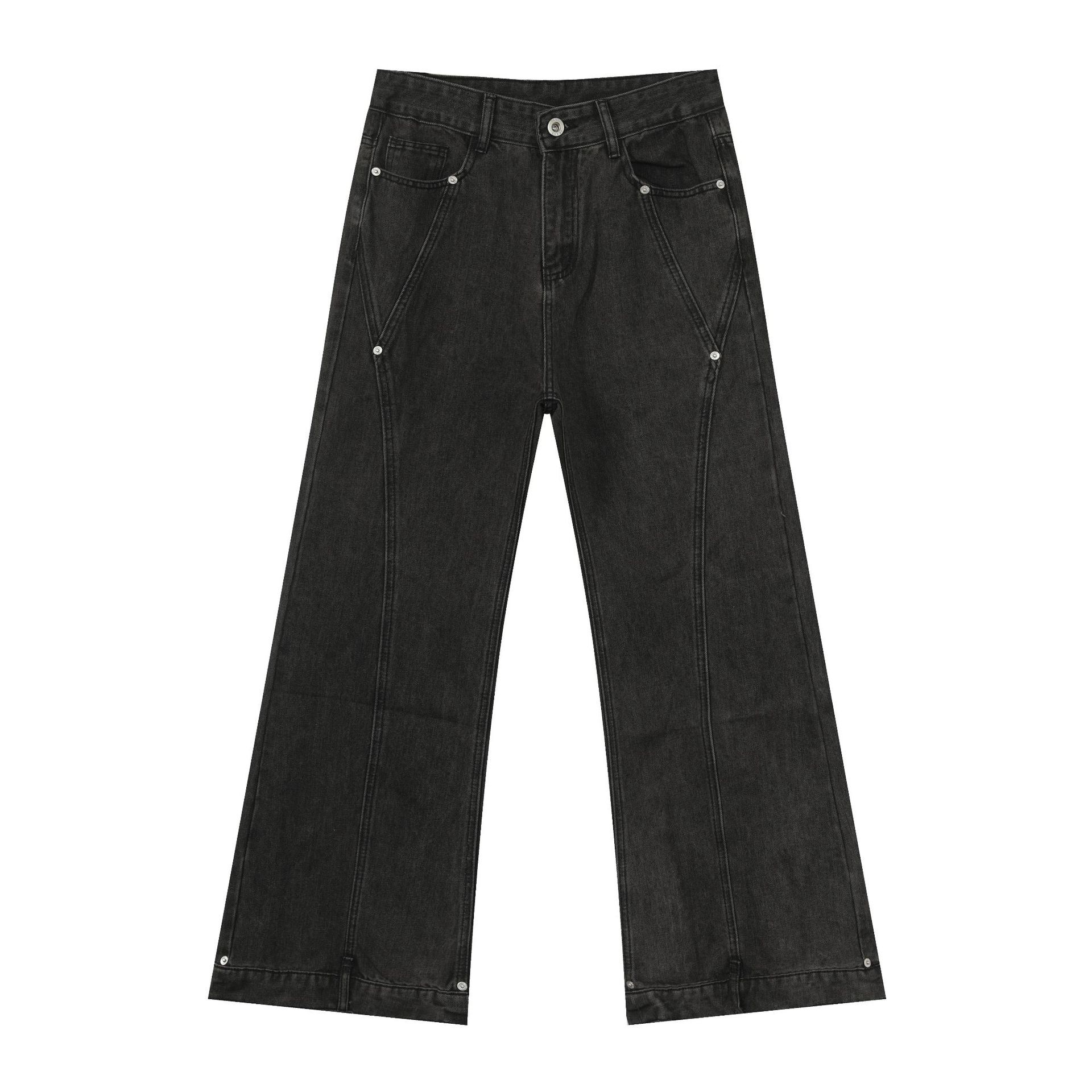 Retro Patchwork Beaded Denim Pants for Men - Loose Fit, Slightly Flared, High Street Style, 90s Inspired Fashion