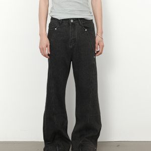 Retro Patchwork Beaded Denim Pants for Men - Loose Fit, Slightly Flared, High Street Style, 90s Inspired Fashion