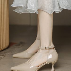 Retro Patent Leather Pointed Toe High Heels for Women - Thin Heel, Milk Tea Color, Minimalist Style, Perfect for Skirts and Dresses
