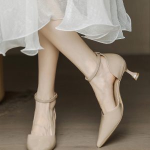 Retro Patent Leather Pointed Toe High Heels for Women - Thin Heel, Milk Tea Color, Minimalist Style, Perfect for Skirts and Dresses