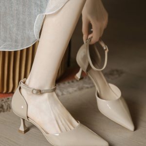 Retro Patent Leather Pointed Toe High Heels for Women - Thin Heel, Milk Tea Color, Minimalist Style, Perfect for Skirts and Dresses