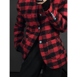Retro Plaid Oversized Jacket Coat with Wind Collarless Design - Trendy Autumn Fashion for a High-End Look