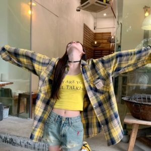 Retro Plaid Oversized Shirt for Jazz Dance - Mid-Length Loose Top for Music Festivals and Performances