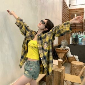 Retro Plaid Oversized Shirt for Jazz Dance - Mid-Length Loose Top for Music Festivals and Performances