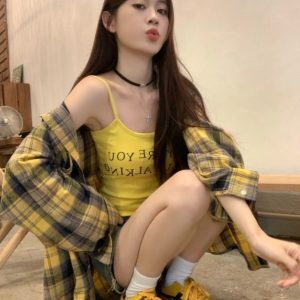 Retro Plaid Oversized Shirt for Jazz Dance - Mid-Length Loose Top for Music Festivals and Performances