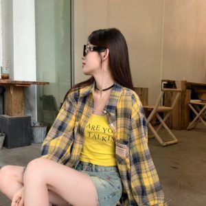 Retro Plaid Oversized Shirt for Jazz Dance - Mid-Length Loose Top for Music Festivals and Performances