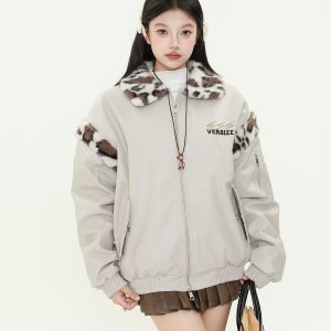 Retro Plush Leopard Print Collar Color-Blocked PU Leather Cotton Coat for Women – Thickened Warm Winter Jacket