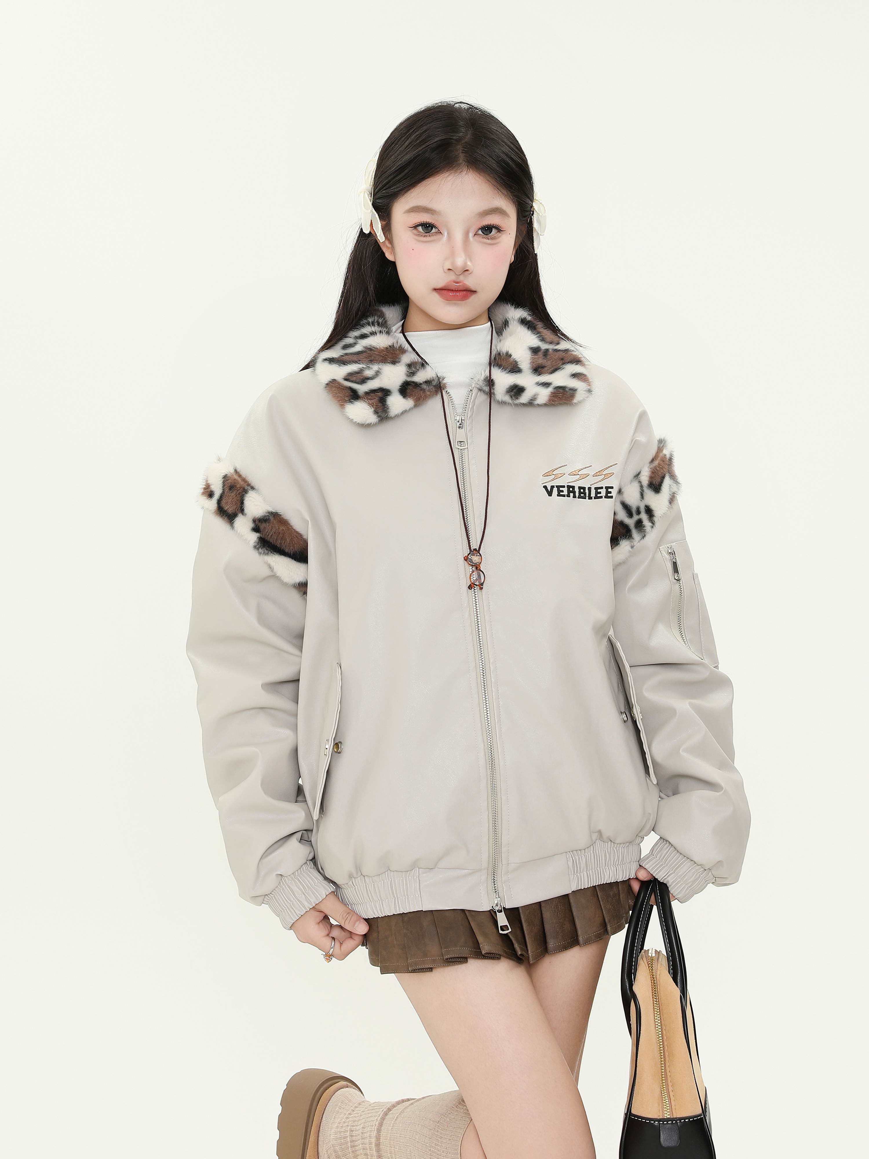 Retro Plush Leopard Print Collar Color-Blocked PU Leather Cotton Coat for Women – Thickened Warm Winter Jacket