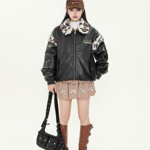Retro Plush Leopard Print Collar Color-Blocked PU Leather Cotton Coat for Women – Thickened Warm Winter Jacket