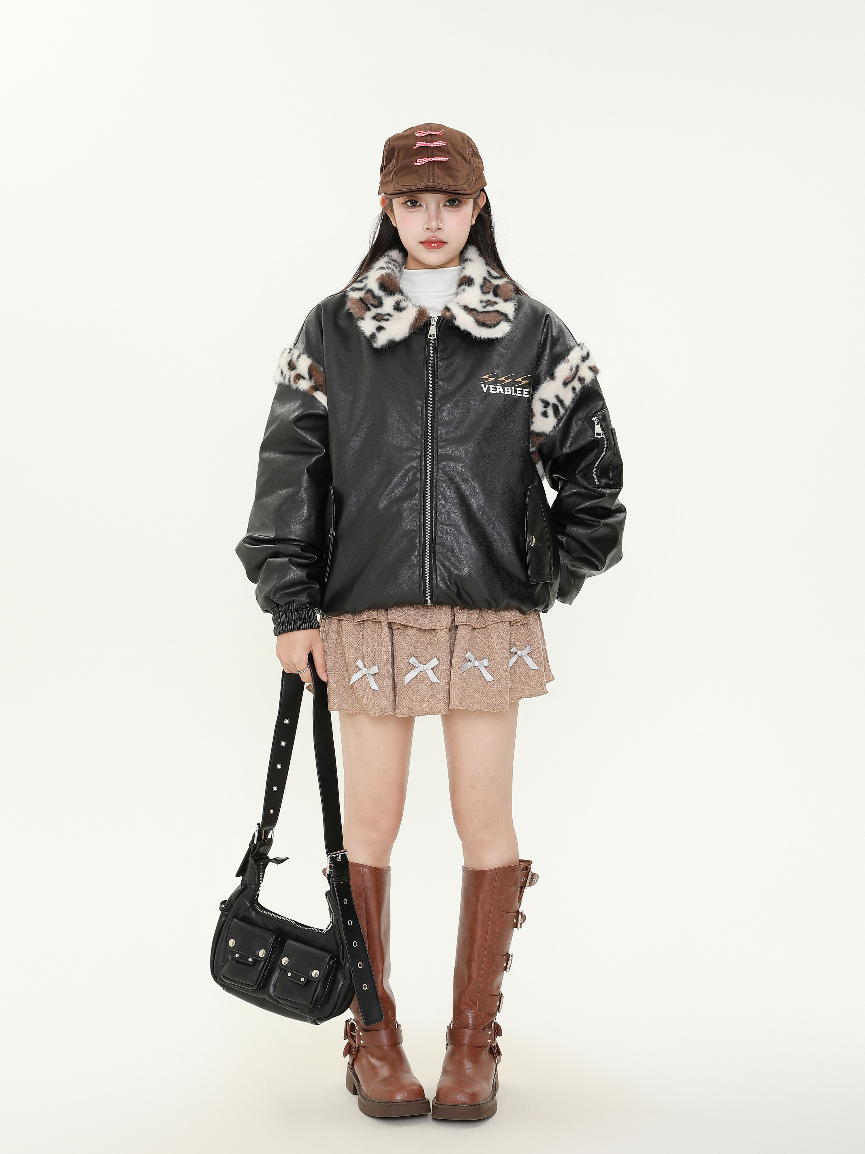 Retro Plush Leopard Print Collar Color-Blocked PU Leather Cotton Coat for Women – Thickened Warm Winter Jacket
