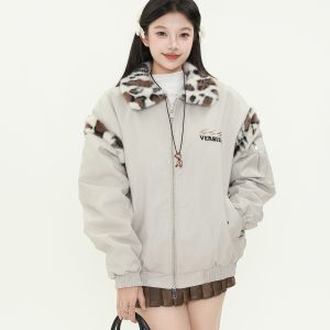 Retro Plush Leopard Print Collar Color-Blocked PU Leather Cotton Coat for Women – Thickened Warm Winter Jacket