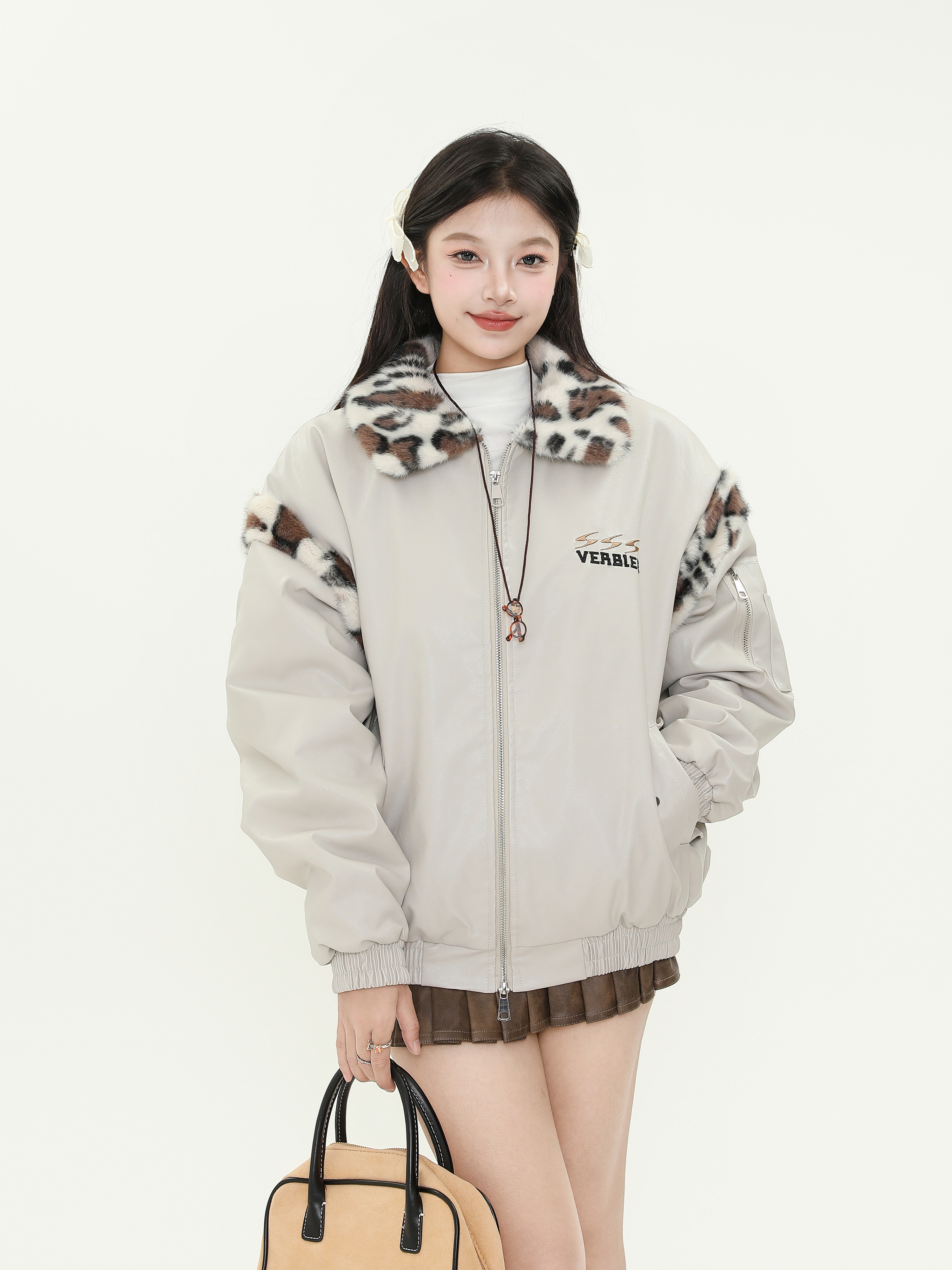Retro Plush Leopard Print Collar Color-Blocked PU Leather Cotton Coat for Women – Thickened Warm Winter Jacket