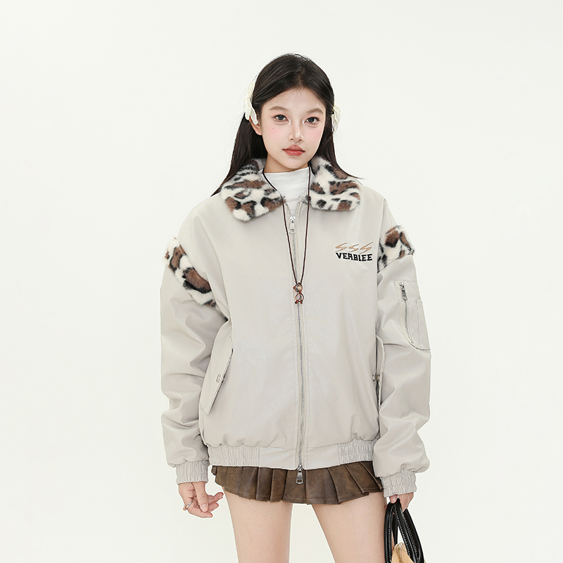 Retro Plush Leopard Print Collar Color-Blocked PU Leather Cotton Coat for Women – Thickened Warm Winter Jacket