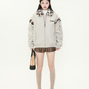 Retro Plush Leopard Print Collar Color-Blocked PU Leather Cotton Coat for Women – Thickened Warm Winter Jacket