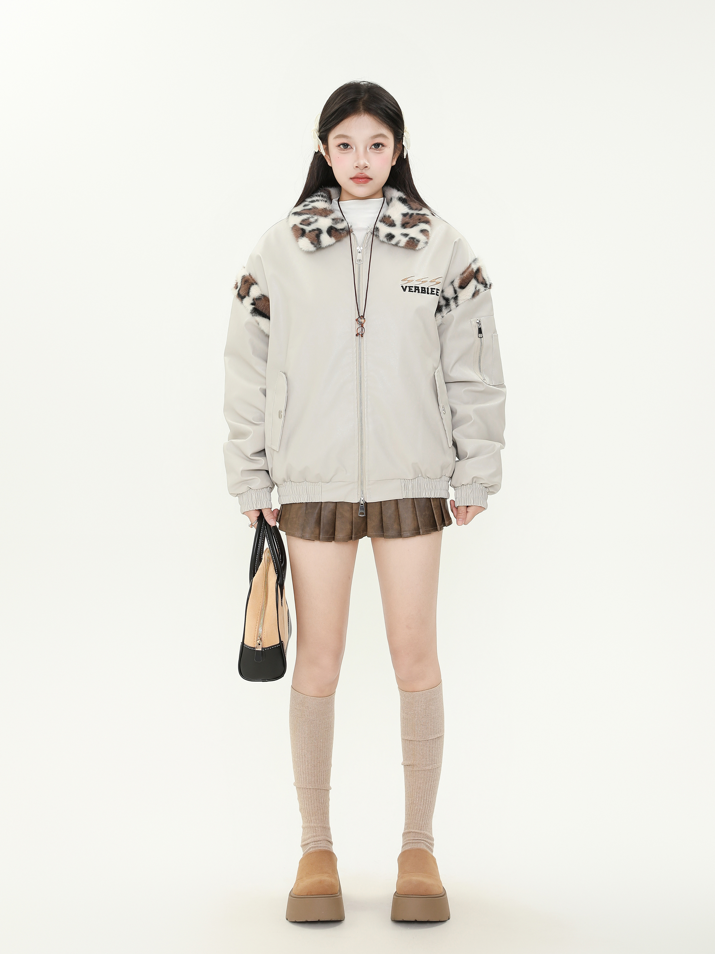 Retro Plush Leopard Print Collar Color-Blocked PU Leather Cotton Coat for Women – Thickened Warm Winter Jacket