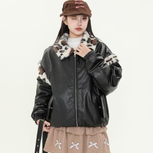 Retro Plush Leopard Print Collar Color-Blocked PU Leather Cotton Coat for Women – Thickened Warm Winter Jacket