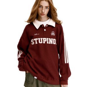 Retro Polo Collar Waffle Sports Jersey Sweatshirt for Men and Women - Loose American Striped Top in Y2K Style