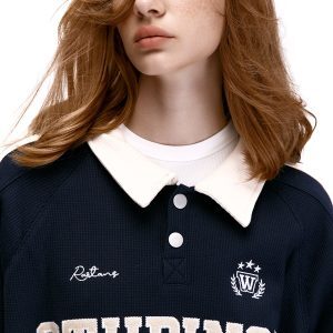 Retro Polo Collar Waffle Sports Jersey Sweatshirt for Men and Women - Loose American Striped Top in Y2K Style
