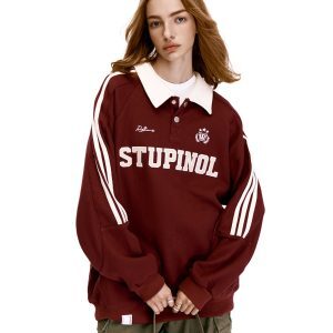 Retro Polo Collar Waffle Sports Jersey Sweatshirt for Men and Women - Loose American Striped Top in Y2K Style
