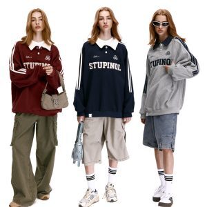 Retro Polo Collar Waffle Sports Jersey Sweatshirt for Men and Women - Loose American Striped Top in Y2K Style