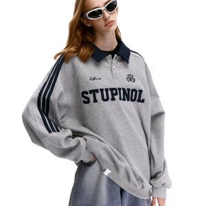 Retro Polo Collar Waffle Sports Jersey Sweatshirt for Men and Women - Loose American Striped Top in Y2K Style
