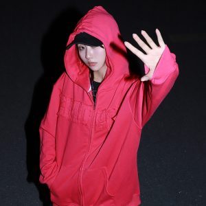 Retro Rose Red Cardigan Sweatshirt for Women, Hip-Hop Style with Patch Embroidery and Zipper, Loose Fit for Spring and Autumn
