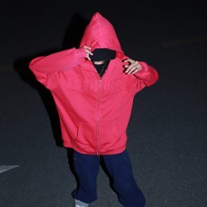 Retro Rose Red Cardigan Sweatshirt for Women, Hip-Hop Style with Patch Embroidery and Zipper, Loose Fit for Spring and Autumn