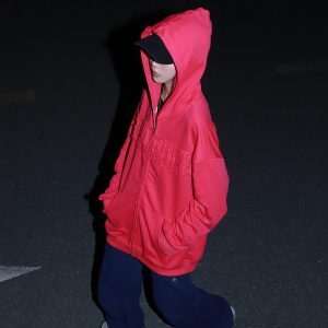 Retro Rose Red Cardigan Sweatshirt for Women, Hip-Hop Style with Patch Embroidery and Zipper, Loose Fit for Spring and Autumn