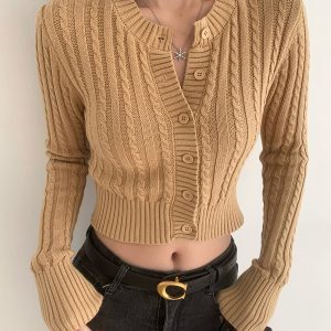 Retro Round Neck Cable Knit Cardigan for Women - Slim Fit Short Buttoned Sweater, Long Sleeve European and American Style