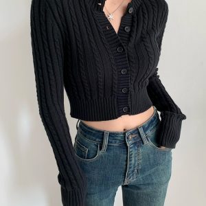 Retro Round Neck Cable Knit Cardigan for Women - Slim Fit Short Buttoned Sweater, Long Sleeve European and American Style