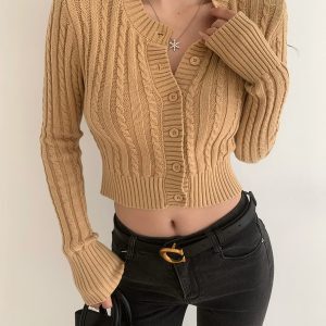 Retro Round Neck Cable Knit Cardigan for Women - Slim Fit Short Buttoned Sweater, Long Sleeve European and American Style