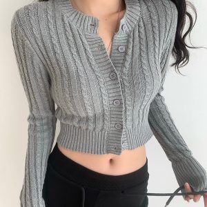 Retro Round Neck Cable Knit Cardigan for Women - Slim Fit Short Buttoned Sweater, Long Sleeve European and American Style
