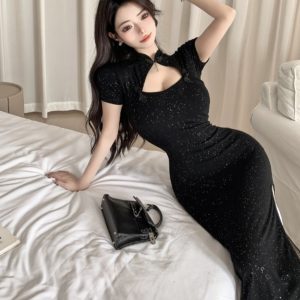 Retro Sexy Black Cheongsam Dress - Slim Fit Bodycon with Short Sleeves and Long Skirt for Summer Elegance
