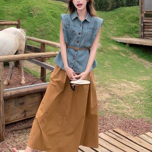 Retro Sleeveless Denim Vest and Casual Long Skirt Two-Piece Set for Women - Summer 2025 Y2K Fashion Outfit