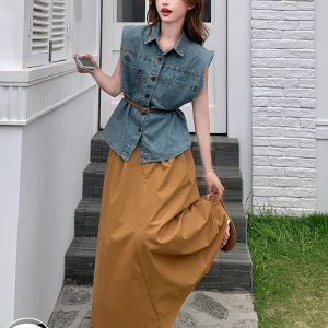 Retro Sleeveless Denim Vest and Casual Long Skirt Two-Piece Set for Women - Summer 2025 Y2K Fashion Outfit