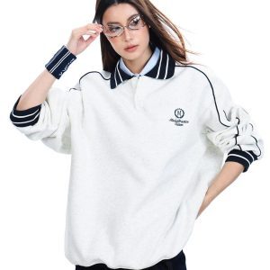 Retro Sports Style Polo Collar Sweatshirt for Men and Women, Loose Fit American Casual College Style High Jacket