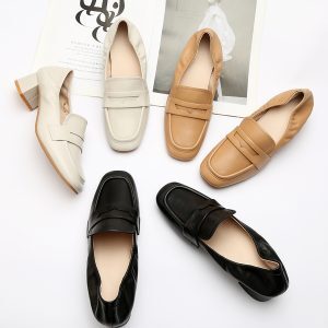 Retro Square Toe Chunky Heel Sheepskin Loafers for Women - 2025 Vintage Style Grandma Shoes