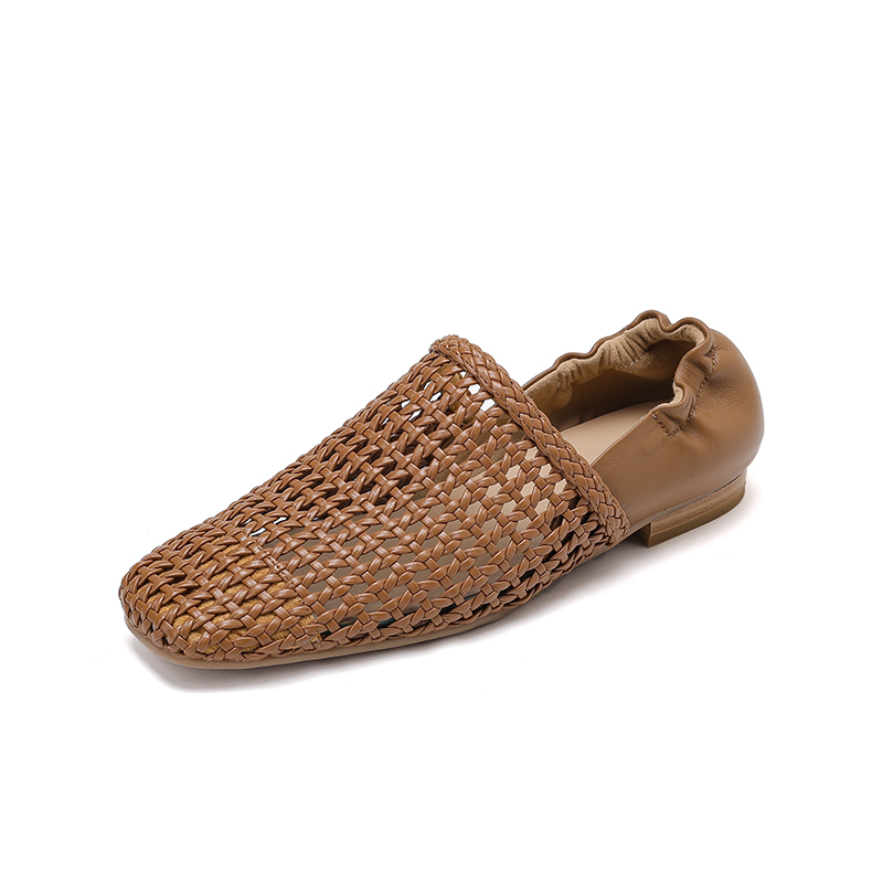 Retro Square-Toe Flat Shoes in Soft Lambskin - Woven Hollow Design, Breathable Comfort for Effortless Style