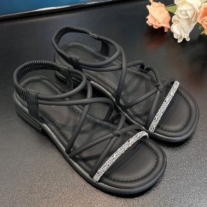 Retro Strappy Rhinestone Roman Sandals for Women - Comfortable Low Heel, Soft Sole, Perfect for Summer Skirts and Y2K Style