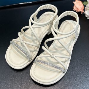 Retro Strappy Rhinestone Roman Sandals for Women - Comfortable Low Heel, Soft Sole, Perfect for Summer Skirts and Y2K Style