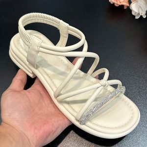 Retro Strappy Rhinestone Roman Sandals for Women - Comfortable Low Heel, Soft Sole, Perfect for Summer Skirts and Y2K Style