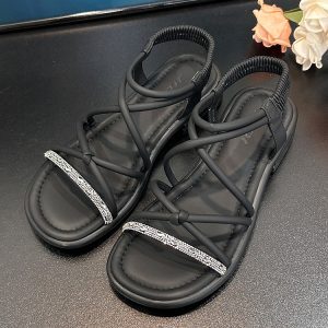 Retro Strappy Rhinestone Roman Sandals for Women - Comfortable Low Heel, Soft Sole, Perfect for Summer Skirts and Y2K Style