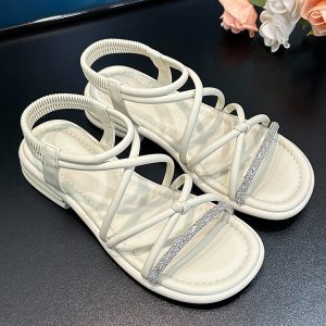 Retro Strappy Rhinestone Roman Sandals for Women - Comfortable Low Heel, Soft Sole, Perfect for Summer Skirts and Y2K Style