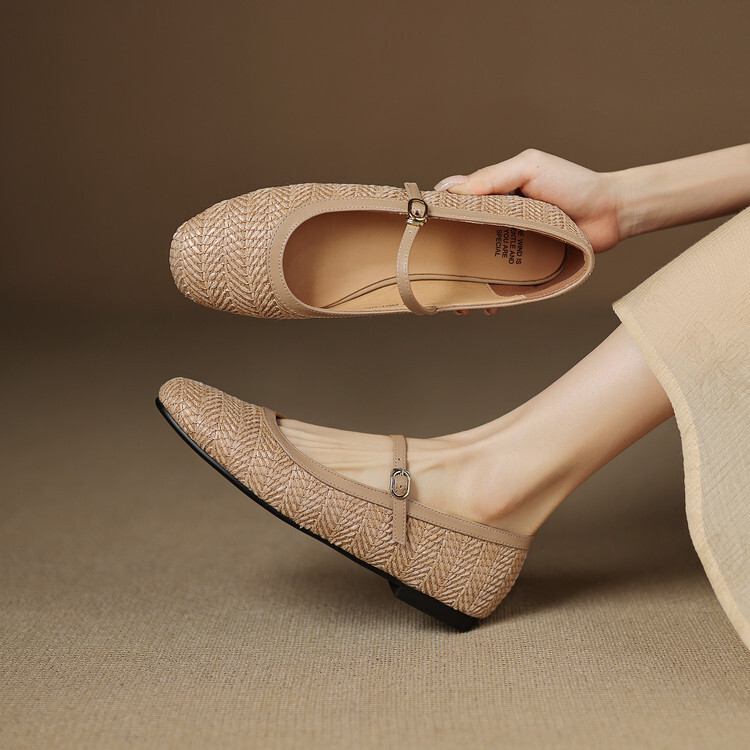 Retro Straw-Woven French Ballet Flats for Women - Chic 90s-Inspired Footwear