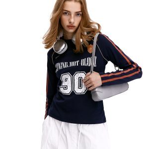 Retro Striped Long Sleeve T-Shirt for Women - Slim Fit American Sports Style Blokette Top, 90s Inspired Fashion