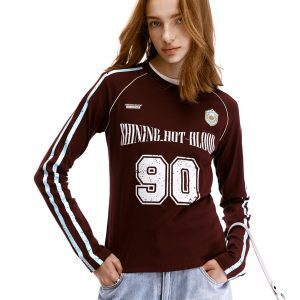 Retro Striped Long Sleeve T-Shirt for Women - Slim Fit American Sports Style Blokette Top, 90s Inspired Fashion